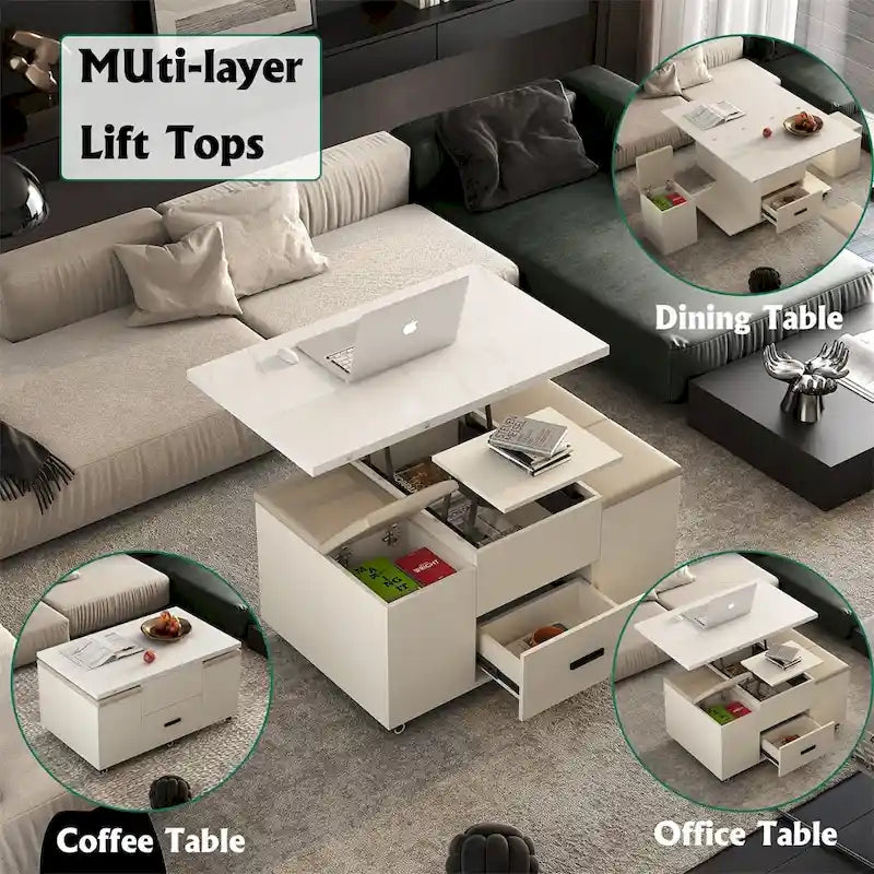 Tavolino da caffè moderno sollevabile con 4 sgabelli e 2 cassetti