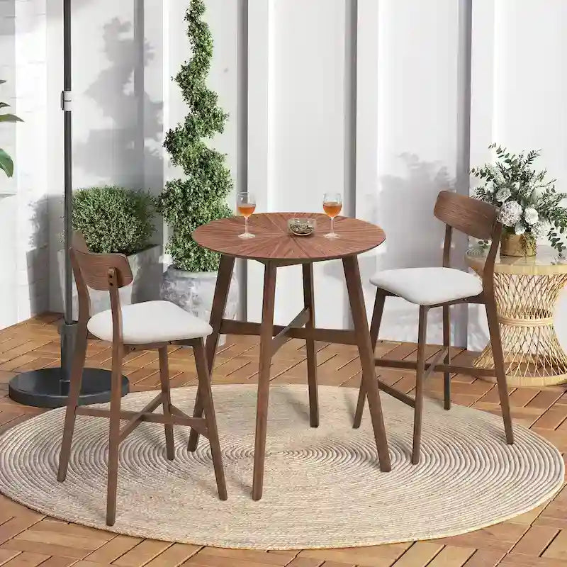 Set da pranzo moderno di 3 pezzi con tavolo rotondo in legno e 2 sgabelli da bar imbottiti in legno massiccio per sala da pranzo, bar e soggiorno