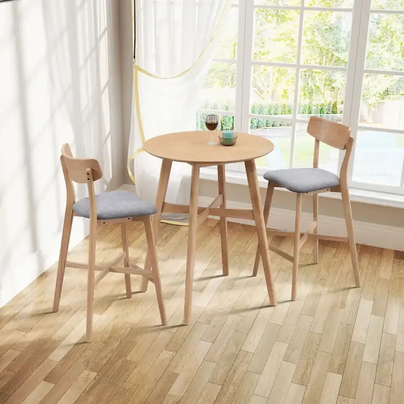 Set da pranzo moderno di 3 pezzi con tavolo rotondo in legno e 2 sgabelli da bar imbottiti in legno massiccio per sala da pranzo, bar e soggiorno