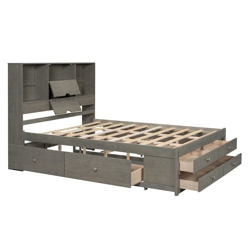 Letto a piattaforma Queen Size con testiera contenitore e 8 cassetti, Grigio