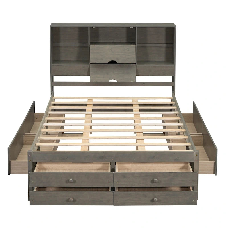 Letto a piattaforma Queen Size con testiera contenitore e 8 cassetti, Grigio