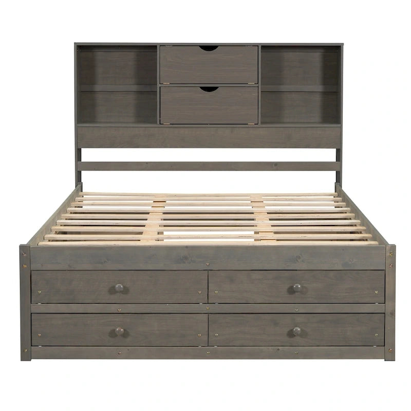 Letto a piattaforma Queen Size con testiera contenitore e 8 cassetti, Grigio