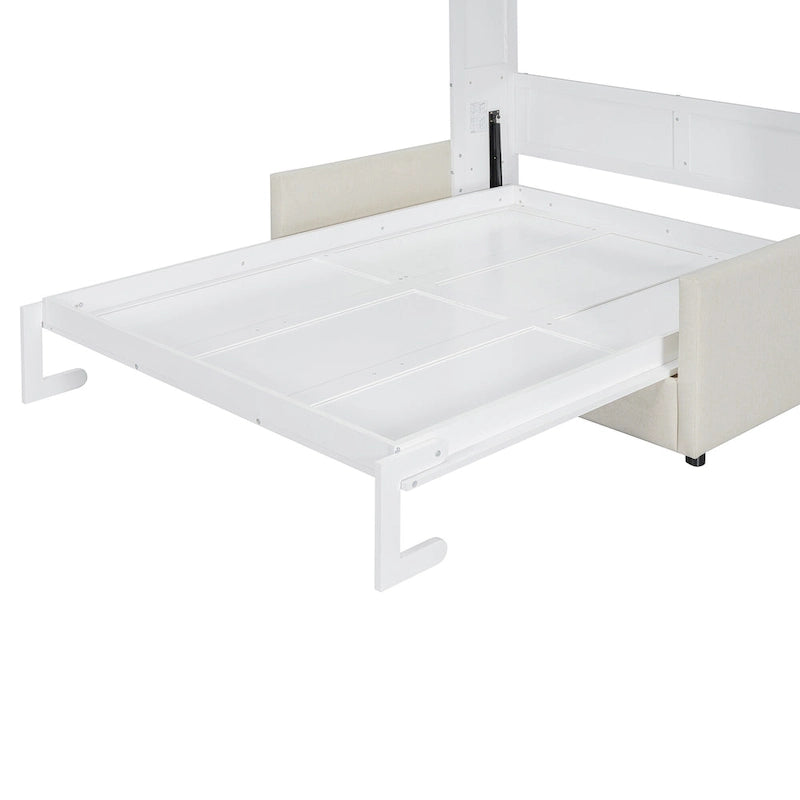 Letto a scomparsa bianco multifunzione a una piazza e mezza con cuscino e contenitore