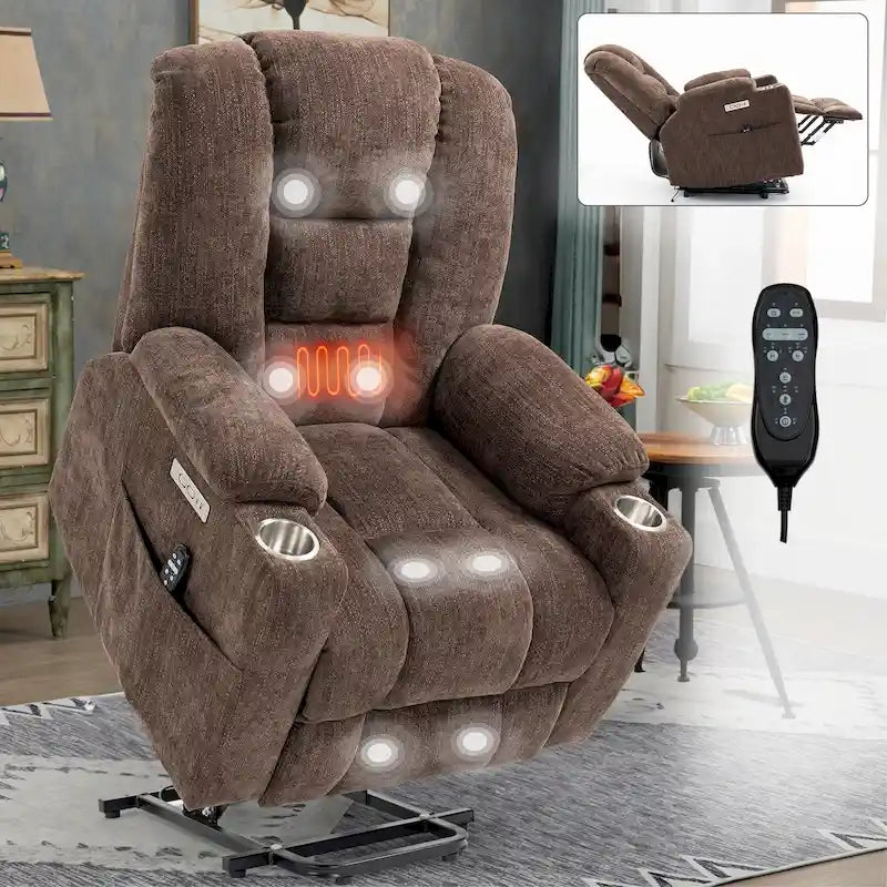 Poltrona reclinabile elettrica spaziosa grigia con massaggio, calore, due porte USB, ricarica tipo C e portabicchieri