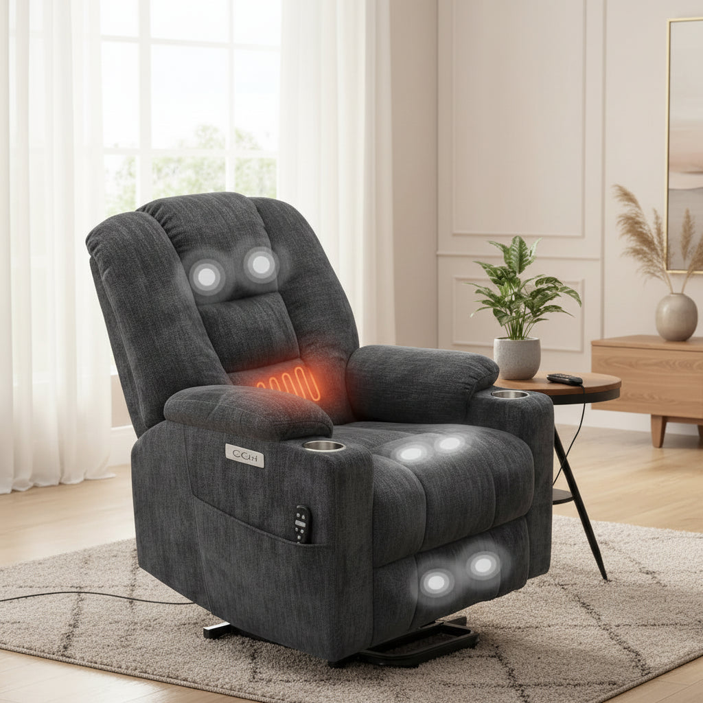 Grey Spacious Power Lift Recliner with Massage, Heat, Dual USB Ports, Type C Charging, and Cup Holders