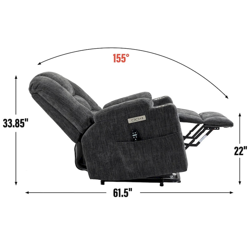 Poltrona reclinabile elettrica spaziosa grigia con massaggio, calore, due porte USB, ricarica tipo C e portabicchieri