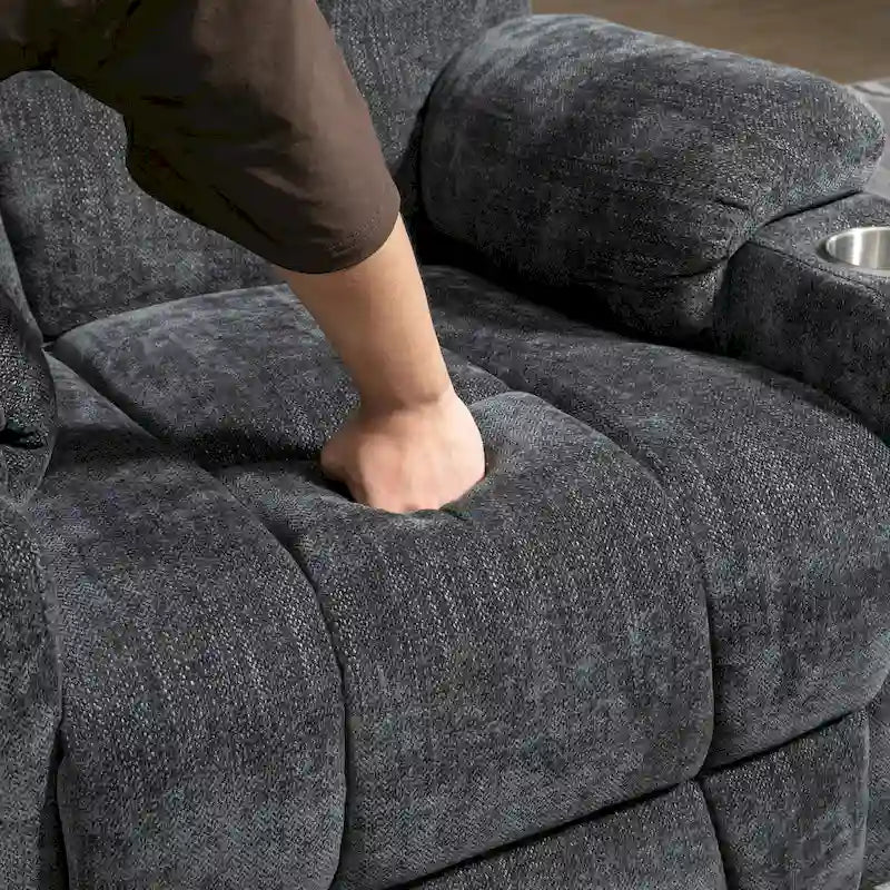 Poltrona reclinabile elettrica spaziosa grigia con massaggio, calore, due porte USB, ricarica tipo C e portabicchieri