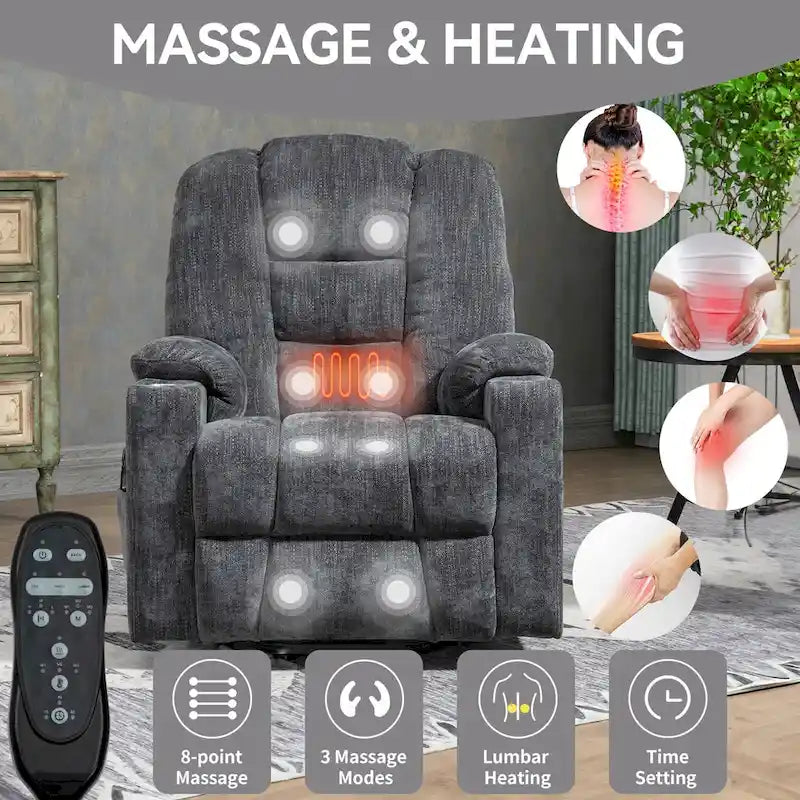 Poltrona reclinabile elettrica spaziosa grigia con massaggio, calore, due porte USB, ricarica tipo C e portabicchieri