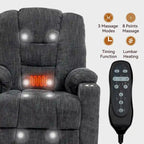 Poltrona reclinabile elettrica spaziosa grigia con massaggio, calore, due porte USB, ricarica tipo C e portabicchieri
