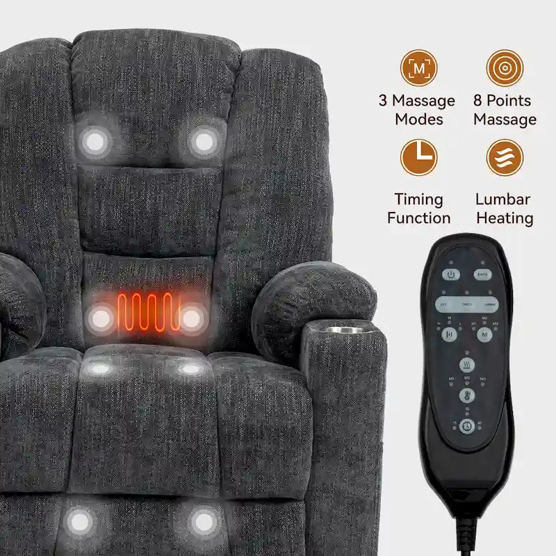 Poltrona reclinabile elettrica spaziosa grigia con massaggio, calore, due porte USB, ricarica tipo C e portabicchieri