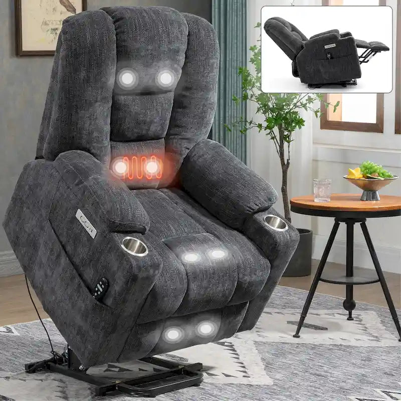 Poltrona reclinabile elettrica spaziosa grigia con massaggio, calore, due porte USB, ricarica tipo C e portabicchieri