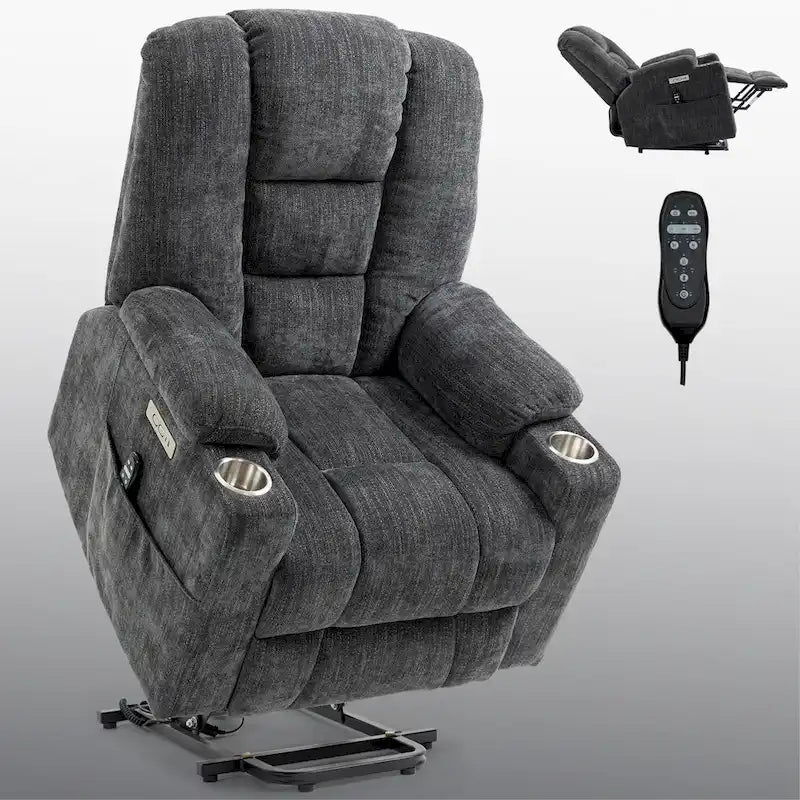 Poltrona reclinabile elettrica spaziosa grigia con massaggio, calore, due porte USB, ricarica tipo C e portabicchieri
