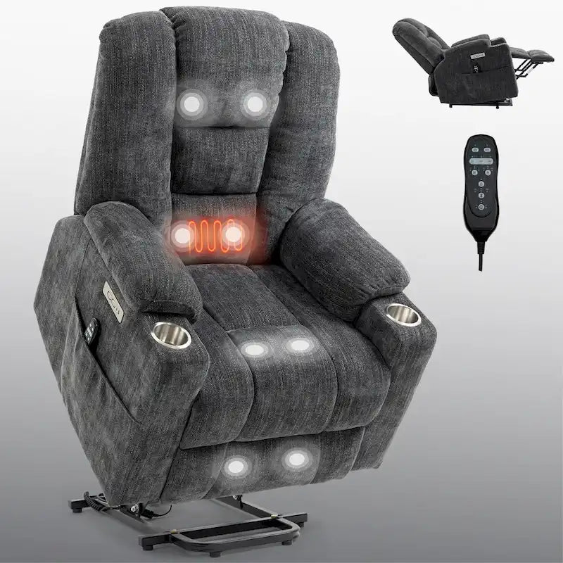 Poltrona reclinabile elettrica spaziosa grigia con massaggio, calore, due porte USB, ricarica tipo C e portabicchieri
