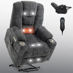 Poltrona reclinabile elettrica spaziosa grigia con massaggio, calore, due porte USB, ricarica tipo C e portabicchieri