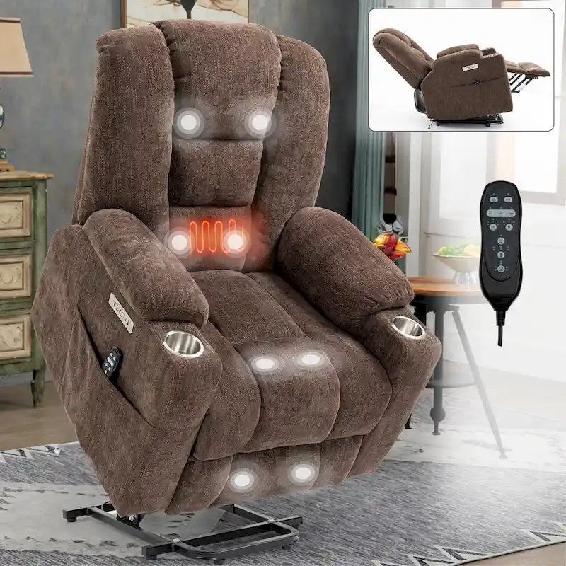 Poltrona reclinabile elettrica spaziosa grigia con massaggio, calore, due porte USB, ricarica tipo C e portabicchieri