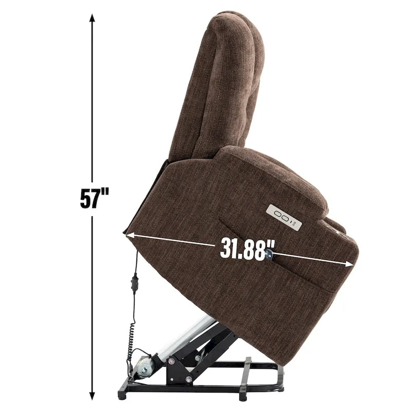 Poltrona reclinabile elettrica spaziosa grigia con massaggio, calore, due porte USB, ricarica tipo C e portabicchieri