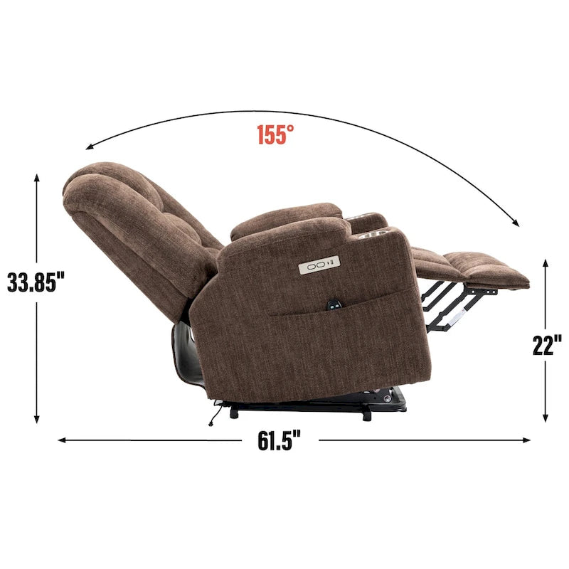 Poltrona reclinabile elettrica spaziosa grigia con massaggio, calore, due porte USB, ricarica tipo C e portabicchieri