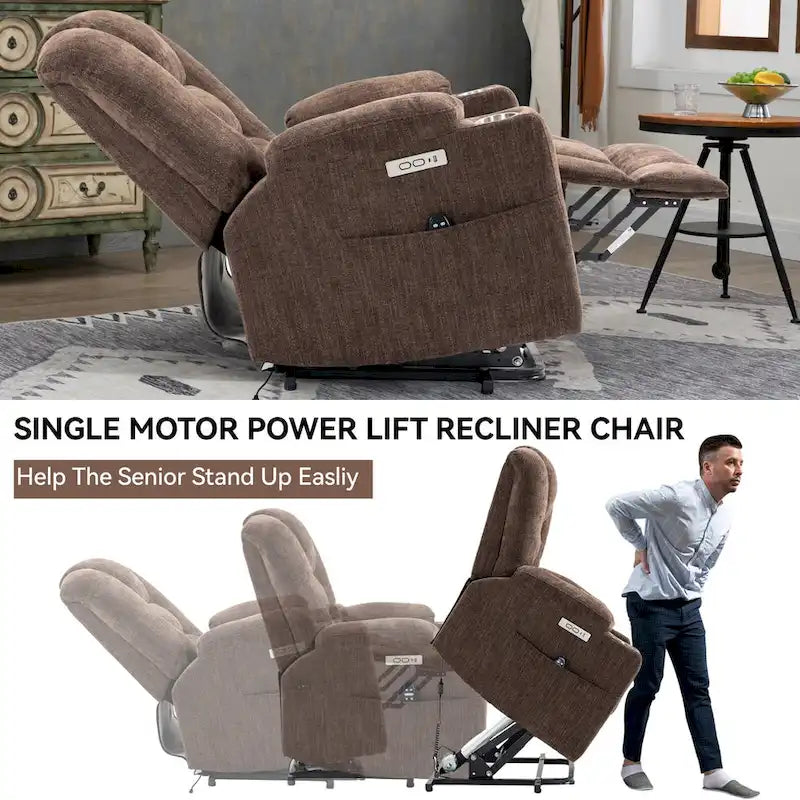 Poltrona reclinabile elettrica spaziosa grigia con massaggio, calore, due porte USB, ricarica tipo C e portabicchieri