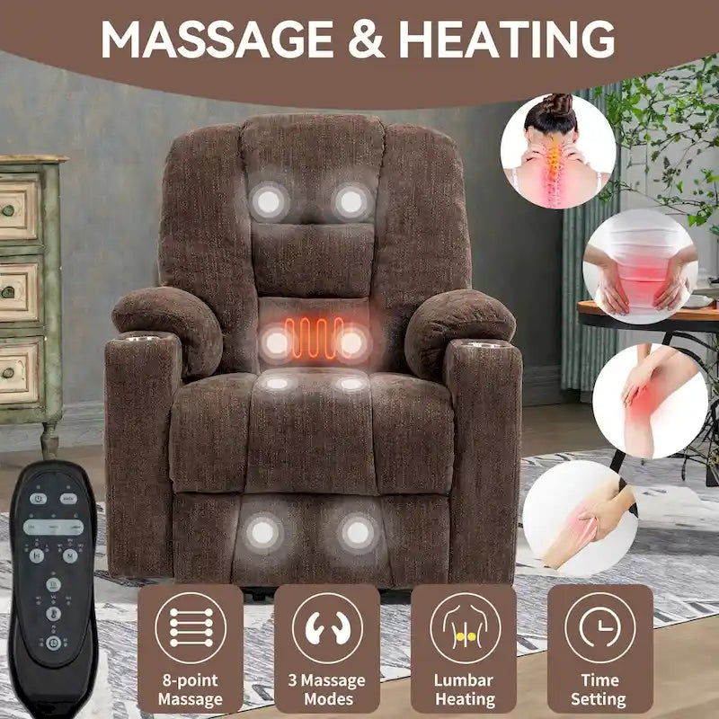 Poltrona reclinabile elettrica spaziosa grigia con massaggio, calore, due porte USB, ricarica tipo C e portabicchieri