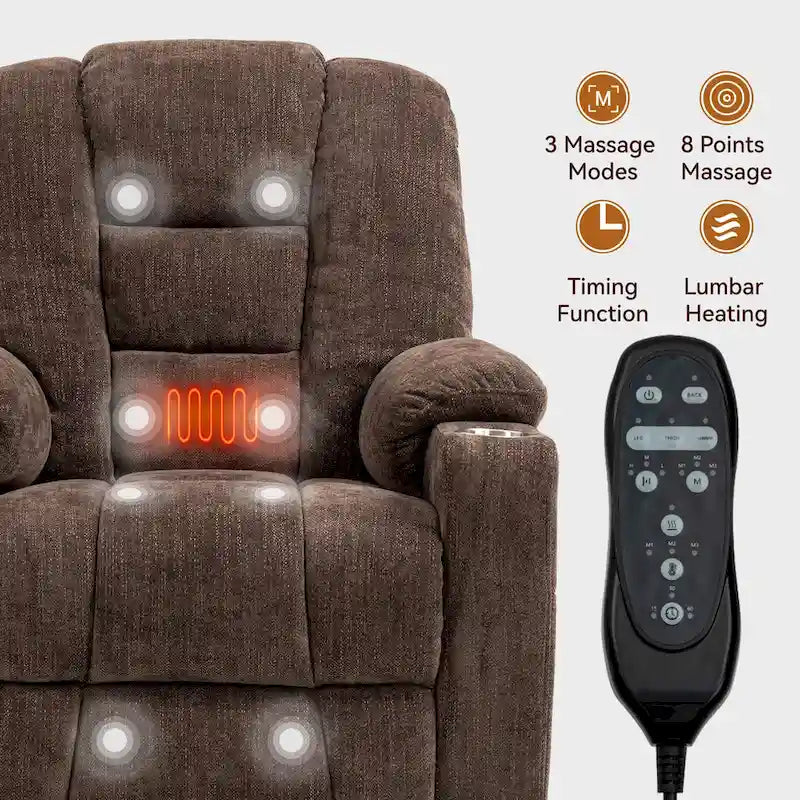 Poltrona reclinabile elettrica spaziosa grigia con massaggio, calore, due porte USB, ricarica tipo C e portabicchieri