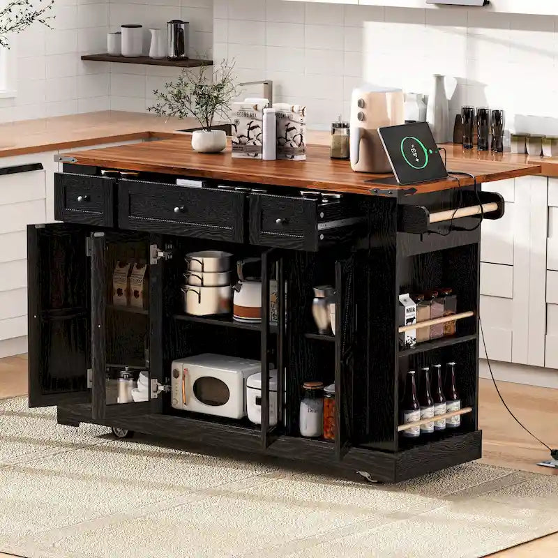 Isola per Cucina su Ruote Bloccabili con Anta a Ribalta, Tavolo a Isola Mobile con 2 Ante in Vetro Temperato, Presa di Corrente e 5 Ripiani Aperti