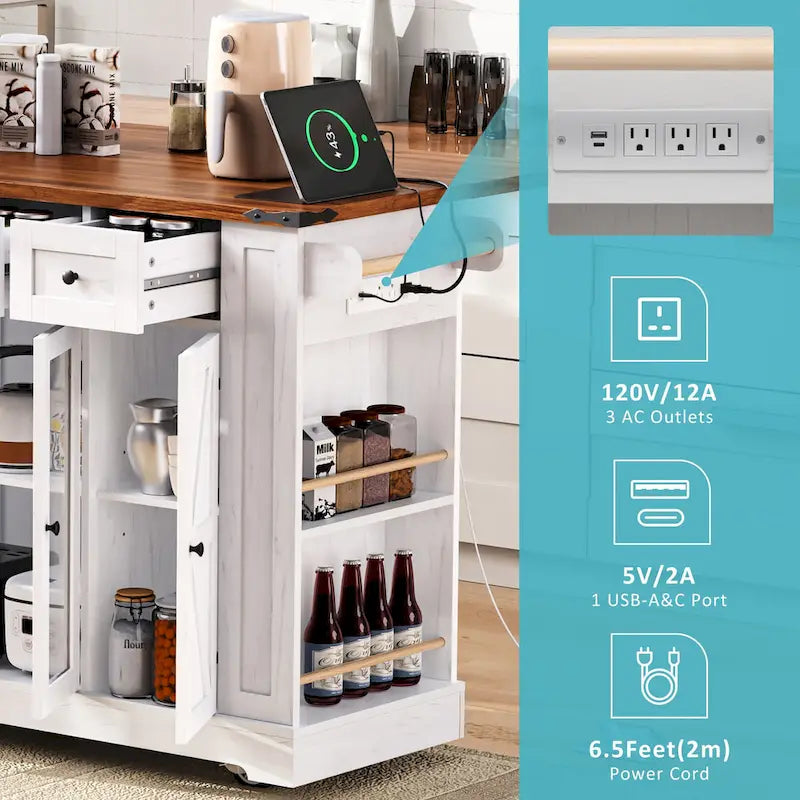 Isola per Cucina su Ruote Bloccabili con Anta a Ribalta, Tavolo a Isola Mobile con 2 Ante in Vetro Temperato, Presa di Corrente e 5 Ripiani Aperti