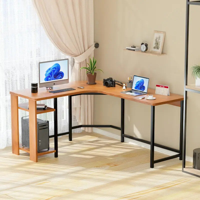 Scrivania moderna per PC da gaming a L con struttura in legno e nera per studio in ufficio domestico