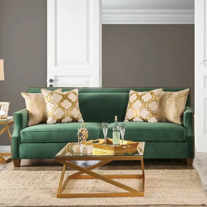 Divano transizionale in microfibra verde smeraldo con borchie dorate