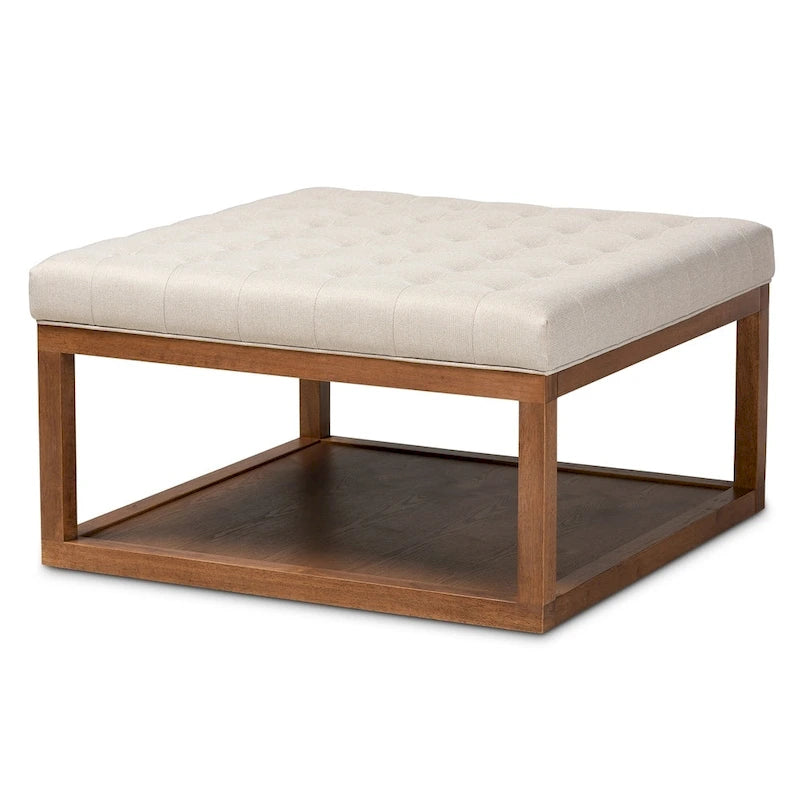 Pouf da cocktail imbottito capitonné con ripiano inferiore - Finitura noce