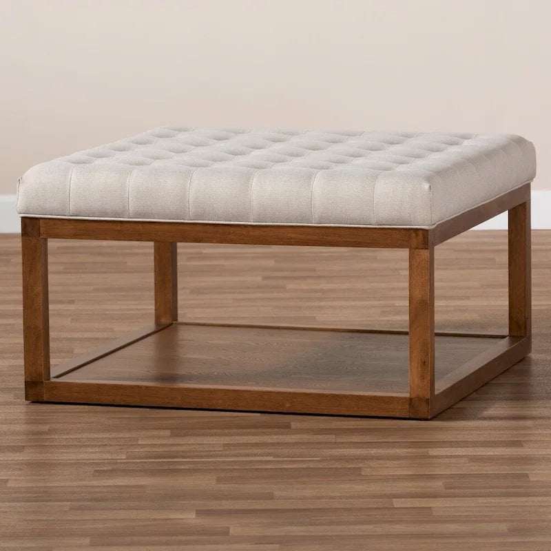 Pouf da cocktail imbottito capitonné con ripiano inferiore - Finitura noce