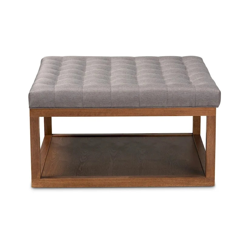 Pouf da cocktail imbottito capitonné con ripiano inferiore - Finitura noce