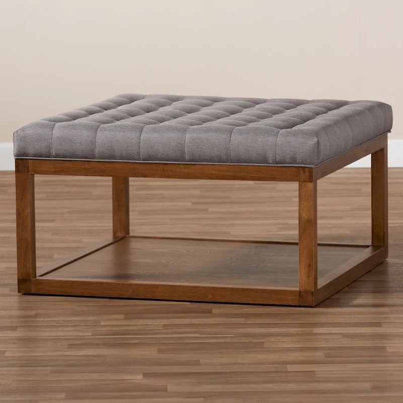 Pouf da cocktail imbottito capitonné con ripiano inferiore - Finitura noce