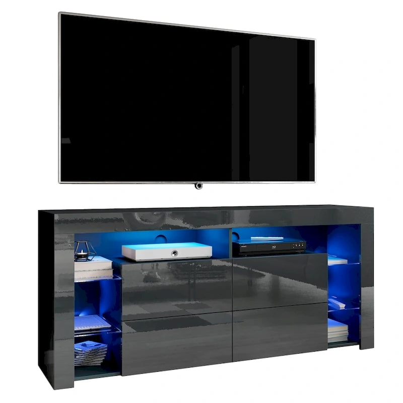 Mobile TV Moderno Lucido da 155 cm con Luci LED e Spazio Contenitivo