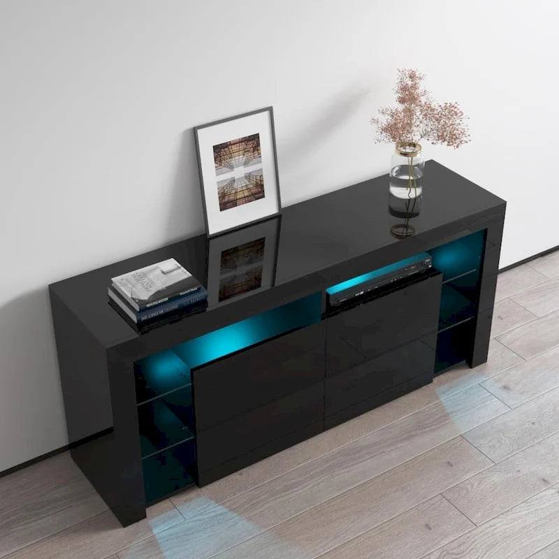 Mobile TV Moderno Lucido da 155 cm con Luci LED e Spazio Contenitivo