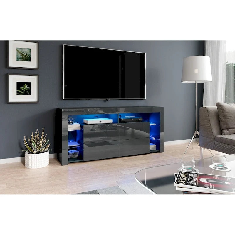 Mobile TV Moderno Lucido da 155 cm con Luci LED e Spazio Contenitivo