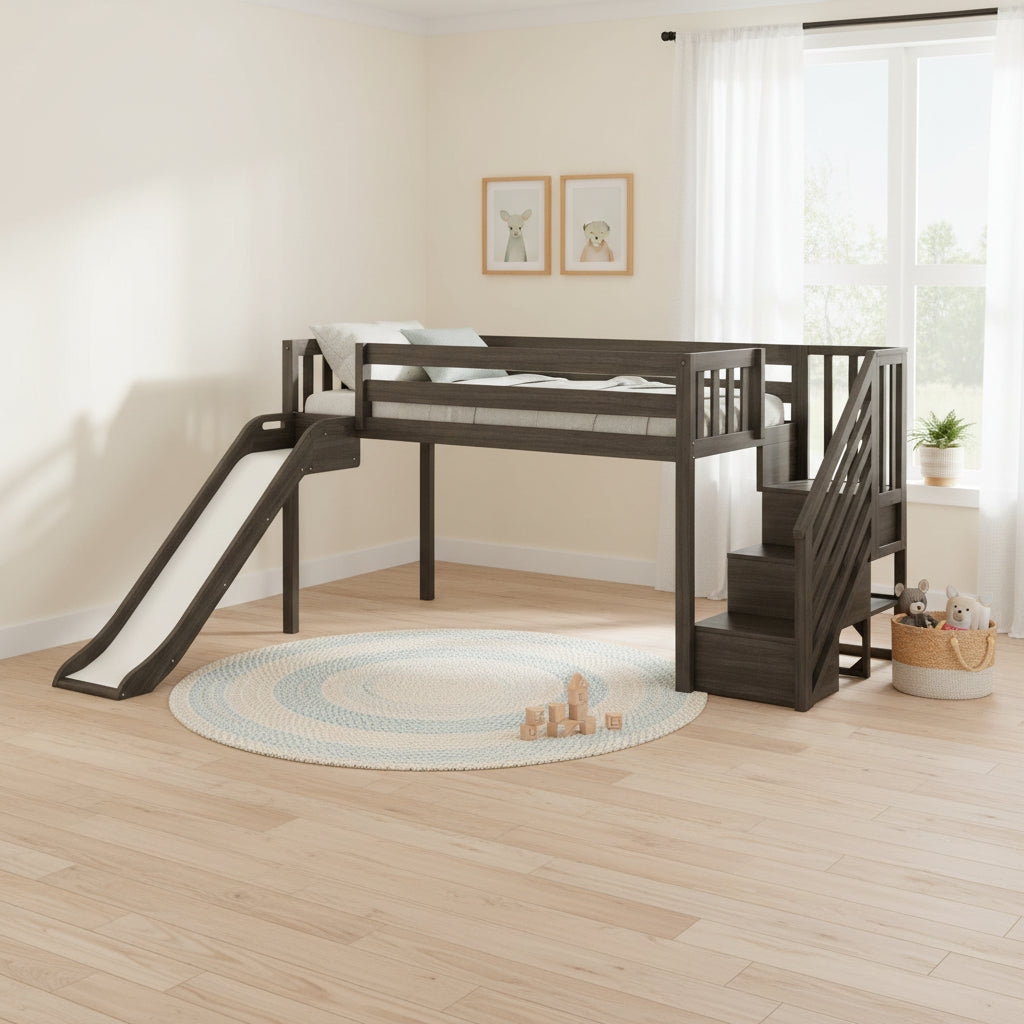  Classic Twin Low Loft with Stairs, Easy Slide and Curtain