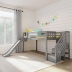 Classico letto a soppalco basso per due persone con scale, scivolo facile e tenda