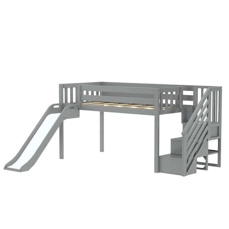 Classico letto a soppalco basso per due persone con scale, scivolo facile e tenda