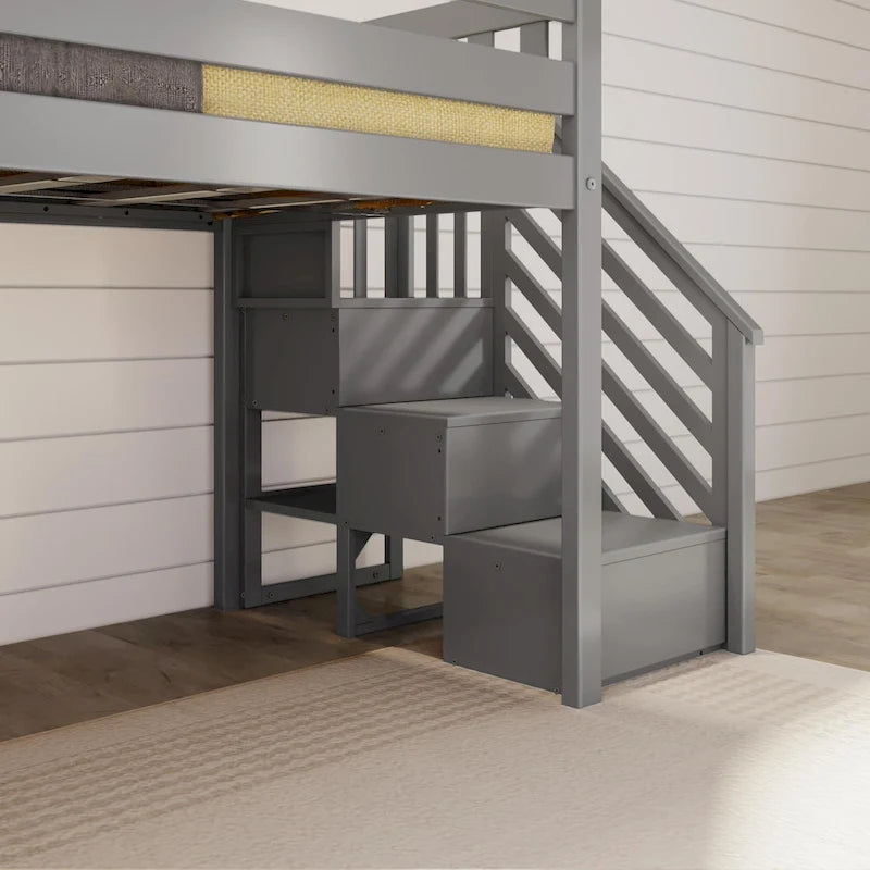 Classico letto a soppalco basso per due persone con scale, scivolo facile e tenda