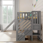 Classico letto a soppalco basso per due persone con scale, scivolo facile e tenda