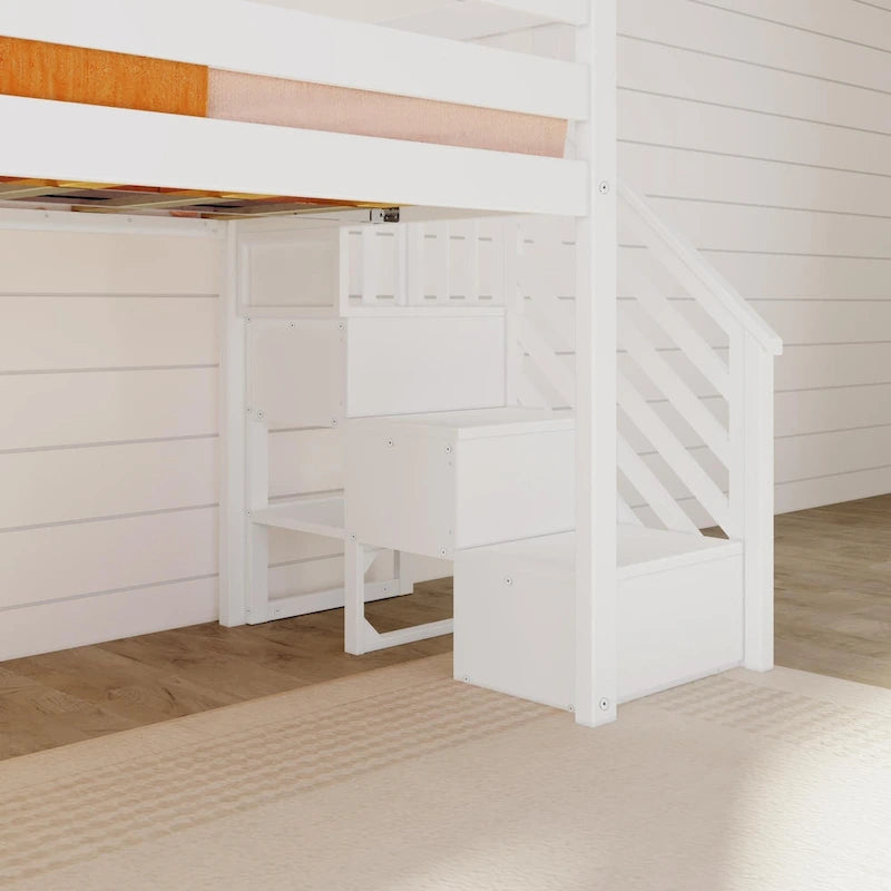 Classico letto a soppalco basso per due persone con scale, scivolo facile e tenda