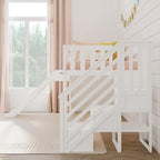 Classico letto a soppalco basso per due persone con scale, scivolo facile e tenda