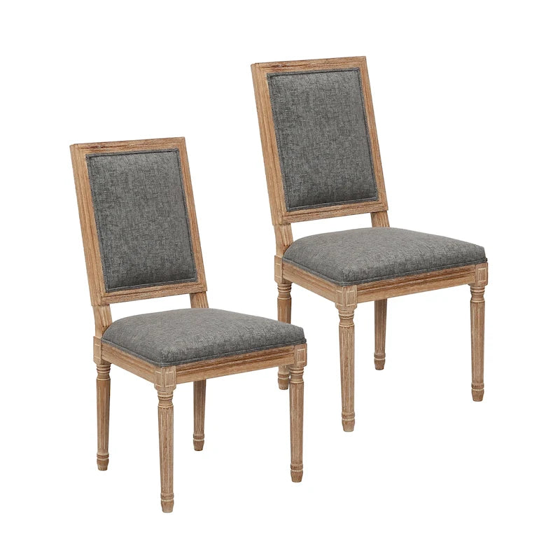 Sedie da pranzo in stile rustico, set da 2 - Schienale rettangolare, rivestimento in lino, struttura in legno di olmo anticato