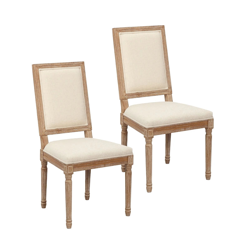 Sedie da pranzo in stile rustico, set da 2 - Schienale rettangolare, rivestimento in lino, struttura in legno di olmo anticato