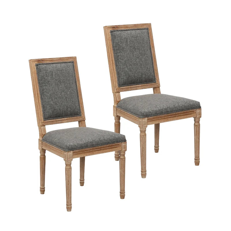  Mako Dining Chairs Set of 2, Rectangular Back, Linen Upholstery, Elm Wood Frame
