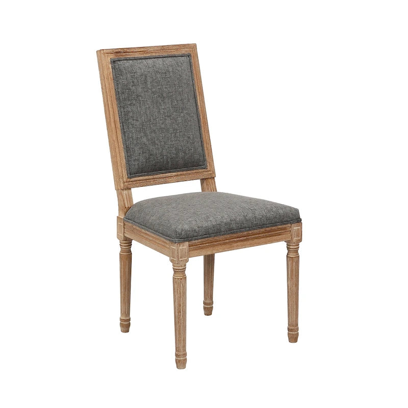 Sedie da pranzo in stile rustico, set da 2 - Schienale rettangolare, rivestimento in lino, struttura in legno di olmo anticato