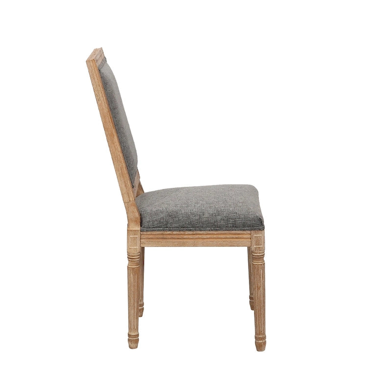 Sedie da pranzo in stile rustico, set da 2 - Schienale rettangolare, rivestimento in lino, struttura in legno di olmo anticato