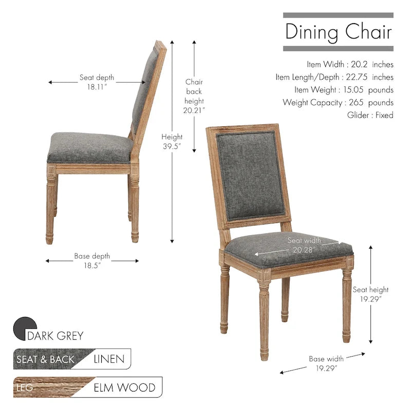 Sedie da pranzo in stile rustico, set da 2 - Schienale rettangolare, rivestimento in lino, struttura in legno di olmo anticato
