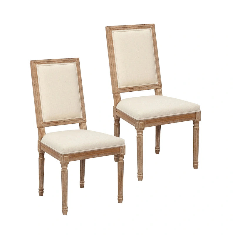 Sedie da pranzo in stile rustico, set da 2 - Schienale rettangolare, rivestimento in lino, struttura in legno di olmo anticato
