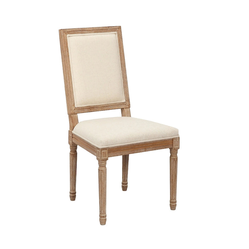 Sedie da pranzo in stile rustico, set da 2 - Schienale rettangolare, rivestimento in lino, struttura in legno di olmo anticato